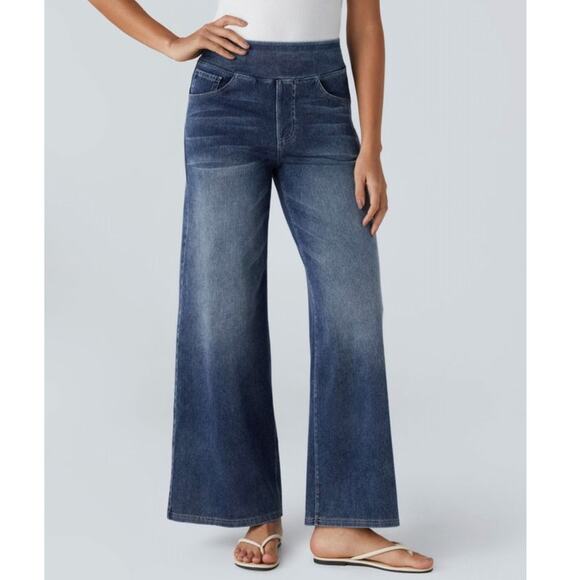 Halara Flex Size 2X High Waisted Wide Leg Pull On Casual Jeans Royal Blue Denim - Picture 1 of 11